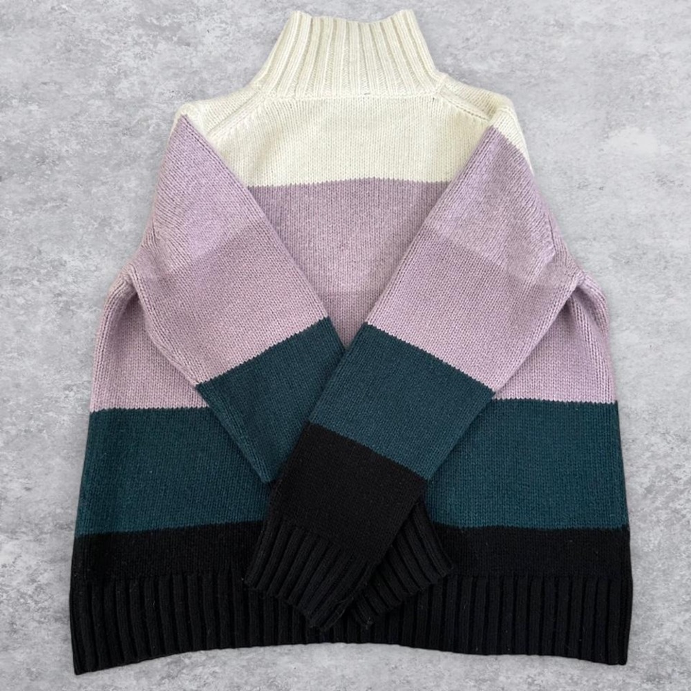 Ann Taylor Womens Colorblock Mock Neck Sweater Purple Teal Black Stripe Size M - Picture 2 of 7